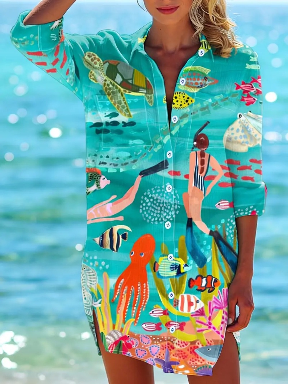 Beach Floral Whimsical Plus Size Popover Ocean Swimming Swim Cover Size 0X
